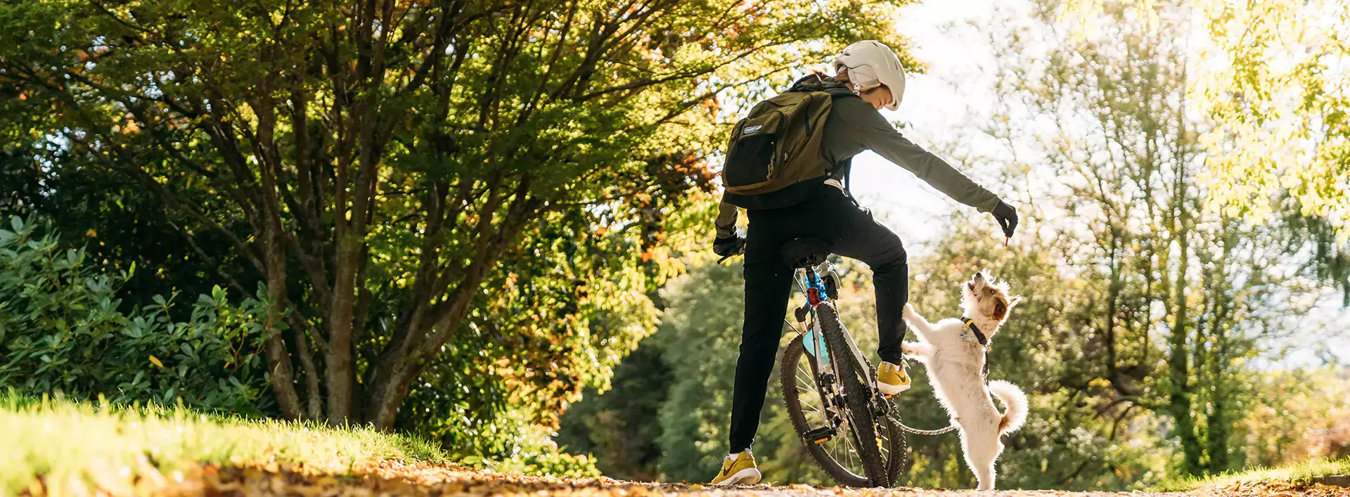 Woman sitting on her mountain bike while giving her small dog a treat.